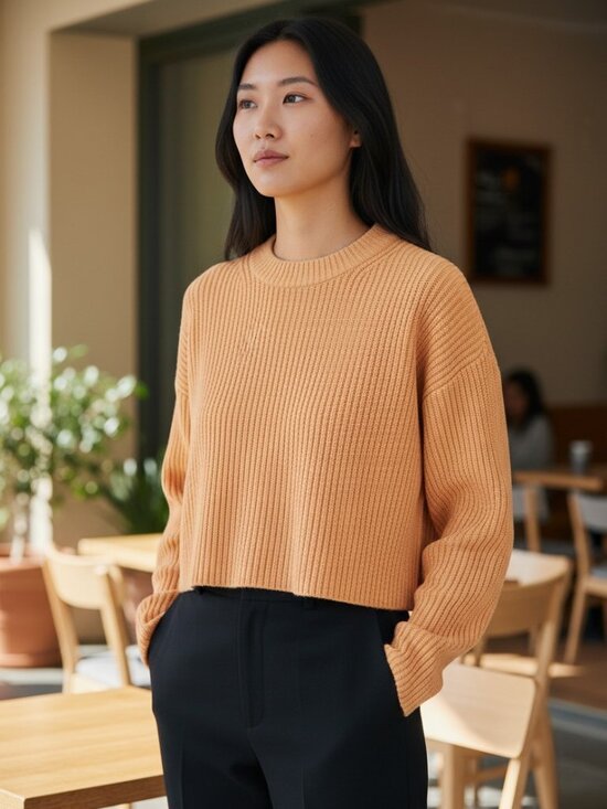 H&M Sweaters - H&M Cropped Ribbed Sweater - Apricot Orange - Cotton Blend - Size M